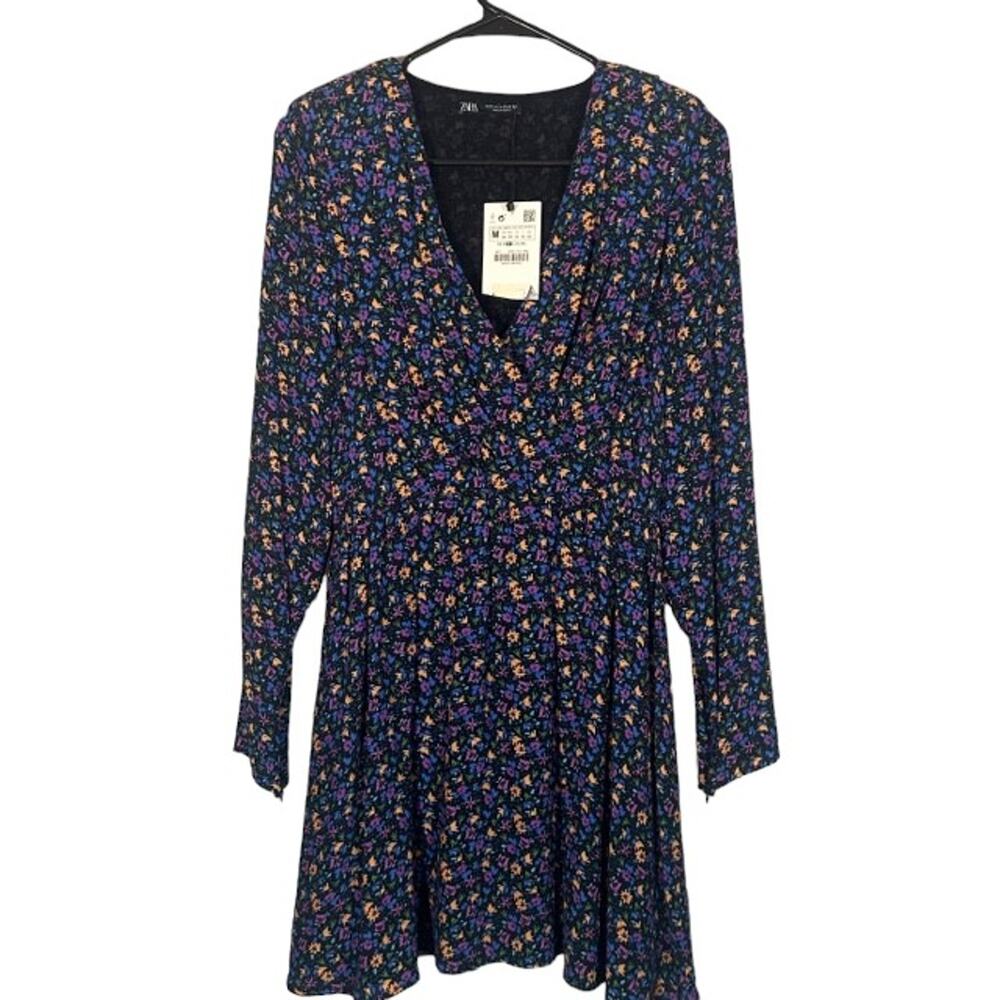 Zara Blue Floral V-Neck Flowy Wrap Style Long Sleeve Dress Women Size M